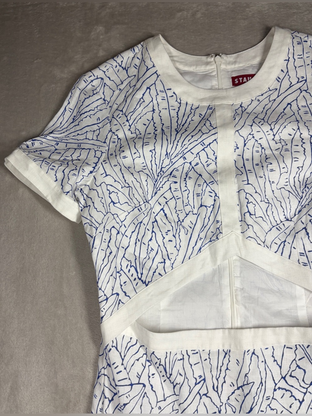 Staud Perla Blue White Palm Linen Cut Out Preppy Short Sleeve Cocktail Dress 10 - Picture 4 of 16